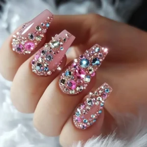 Birthday Nails with Rhinestones