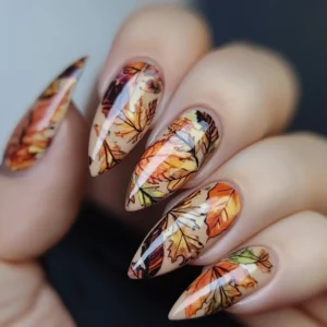 Leaf print fall nail design