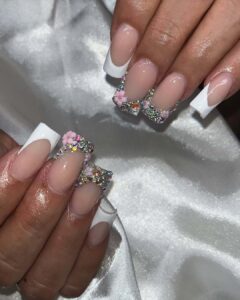 French Tips Nails with Gem Accents
