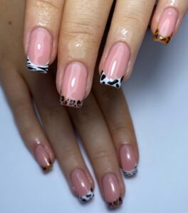 French Tips Nails with Animal Print